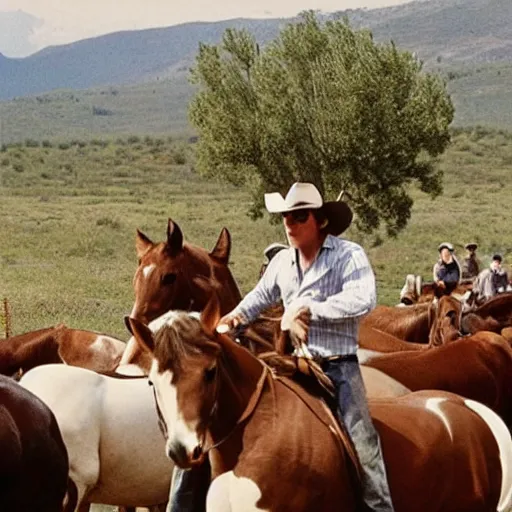 Prompt: Cowboy Christian Bale is leading the horses towards the ranch, 1980 style photography