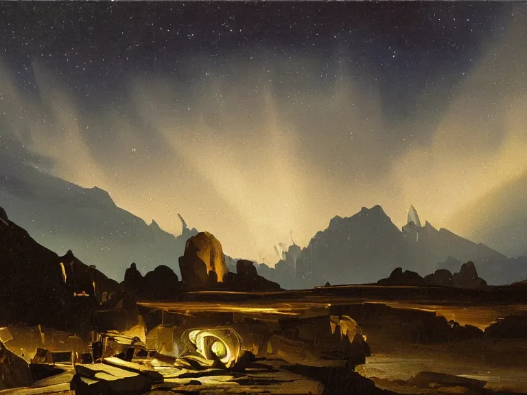 Image similar to an oil painting of a cracked plane on an alien planet with a distant mountain range at dusk with aurora lighting up the sky by carl spitzweg and tuomas korpi. baroque elements, full-length view. baroque element. intricate artwork by caravaggio. Trending on artstation. 8k