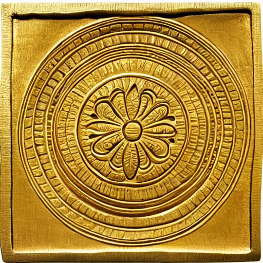 Prompt: ornate engraved carving of a rose in an inset circle on a square gold panel