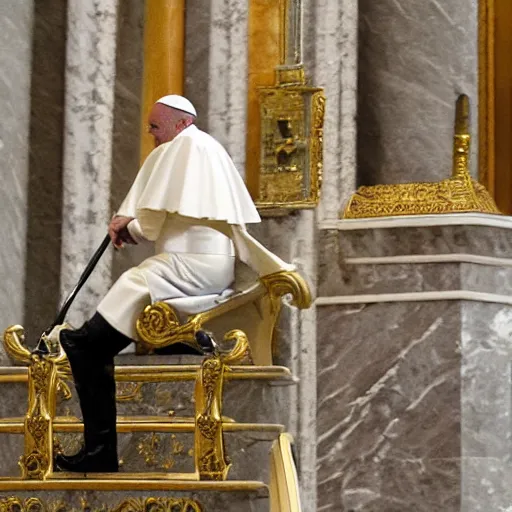 Prompt: the pope on a pogo stick going down marble staircase