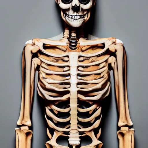 Image similar to eyes in every details of a skeleton woman torso, antique style, bright colors ultrawide lens, details, studio lighting, realism, complex lights