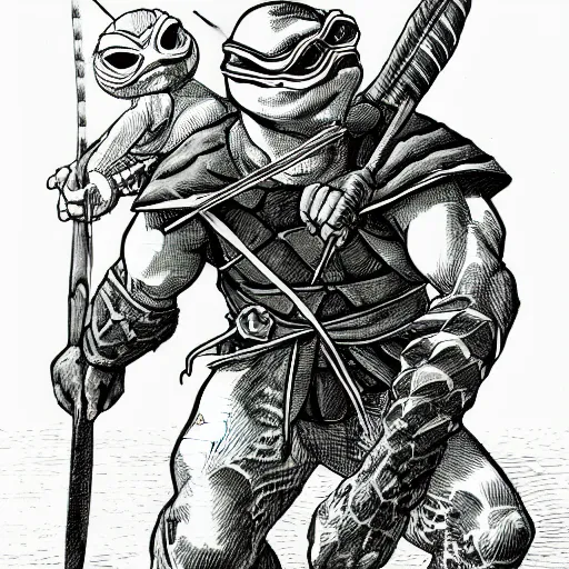 Image similar to Raphael the Ninja Turtle from the Dungeons and Dragons Monster Manual, line art illustration, 1981, high detail