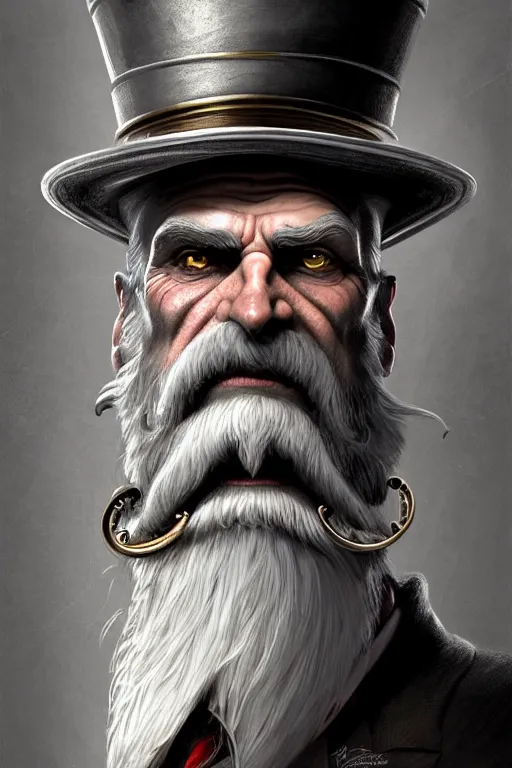 Image similar to silver monocle, portrait of a middle aged grey haired man with a top hat in the style of god of war, golden machine parts, intricate, elegant, highly detailed, digital painting, artstation, concept art, smooth, sharp focus, illustration, art by artgerm and greg rutkowski and alphonse mucha, 8 k