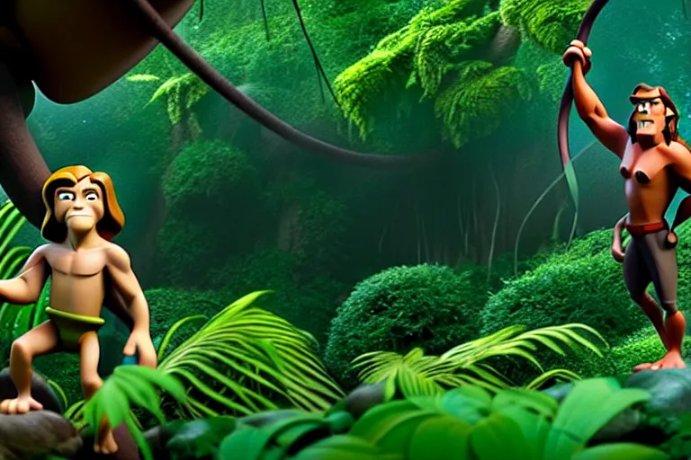 Image similar to cartoon tarzan in the jungle, screenshot in a typical pixar movie, disney infinity 3 star wars style, volumetric lighting, subsurface scattering, photorealistic, octane render, josh black