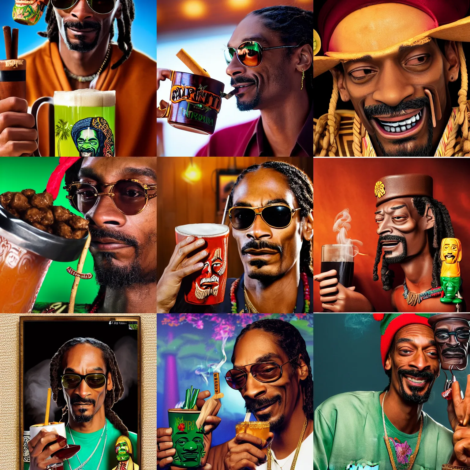 Image similar to a closeup photorealistic photograph of happy blunt smoking snoop dogg at trader vic's bar holding up a trader vic's style tiki mug featuring snoop dogg's face. tiki culture. lit scene. 4 k hd image that's trending on artstation, featured on behance, well rendered, extra crisp, features epic composition and the style of unreal engine.