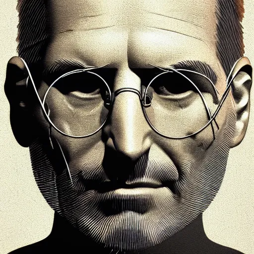 Image similar to concept art of steve jobs head in jar, biological hacking by giger and jama jurabaev, still film, cinematic shot, brush hard, artstation, for aaa game, high quality, brush stroke