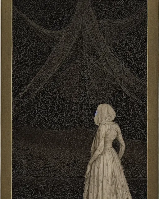 Image similar to a woman standing by the sea, made of intricate decorative lace leaf skeleton, in the style of the dutch masters and gregory crewdson, dark and moody