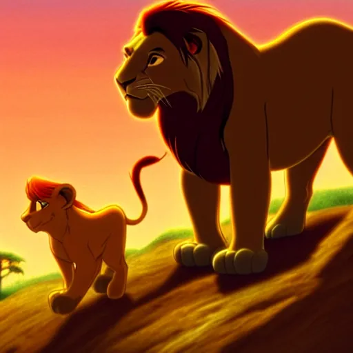 Prompt: the lion king 1994 Simba and nala walking during sunset Disney artstation