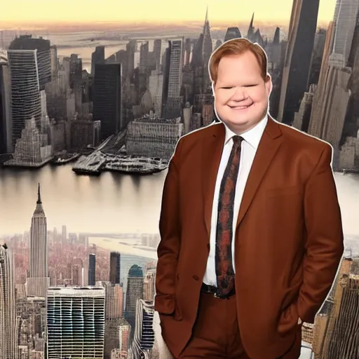 Image similar to Andy Richter wearing a brown suit and necktie floating in a hot air balloon about nyc