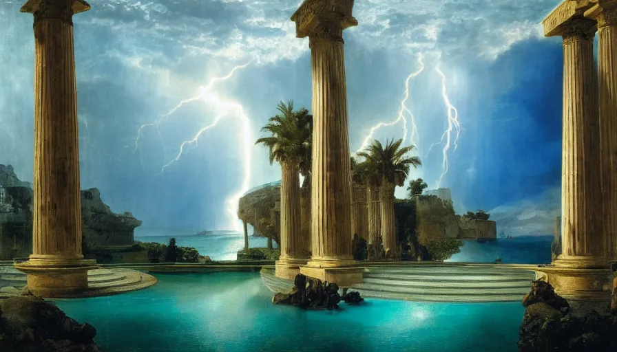 Image similar to From Inside the giant Palace, mediterranean balustrade and columns line, refracted sparkles, thunderstorm, greek pool, beach and Tropical vegetation on the background major arcana sky and occult symbols, by paul delaroche, hyperrealistic 4k uhd, award-winning, very detailed paradise