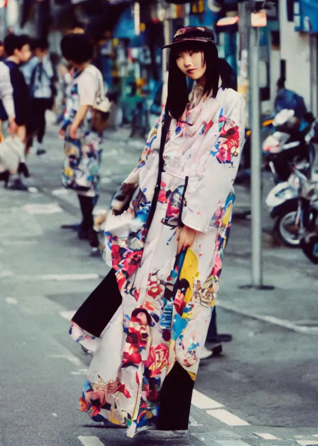 Prompt: a street fashion photograph of a cute japanese woman in 9 0 s fashion, in tokyo akihabara, shot on cinestill 5 0 d with a 3 5 mm at f / 2. 8 lens, print magazine, photorealistic, nineties nostalgia, 4 k