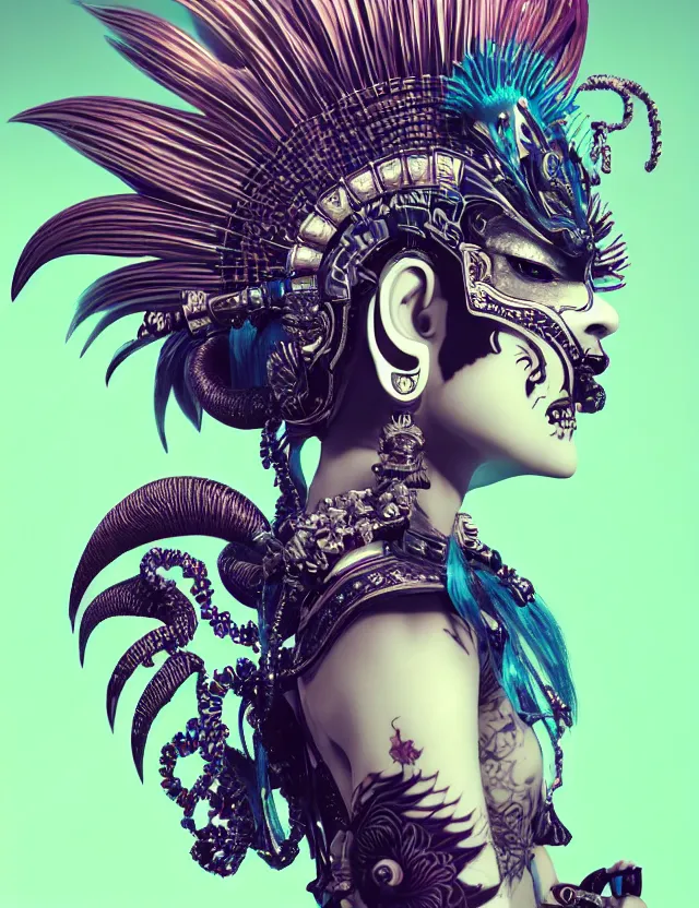 Image similar to 3 d goddess close - up profile portrait punk with mohawk with ram skull. beautiful intricately detailed japanese crow kitsune mask and clasical japanese kimono. betta fish, jellyfish phoenix, bio luminescent, plasma, ice, water, wind, creature, artwork by tooth wu and wlop and beeple and greg rutkowski