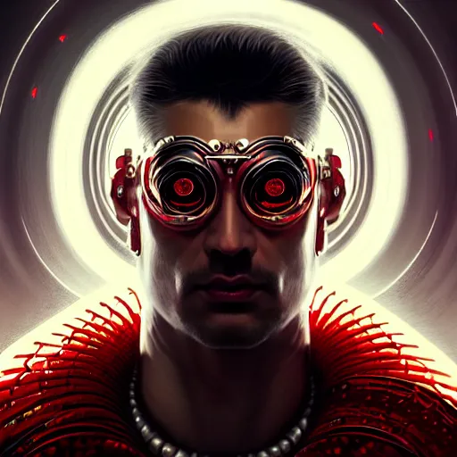 Prompt: man with extremely large and intricate haircut with angry red eyes and slim features looking askance, eye cyberpunk bionics, retro futurist style, intricate, elegant gleaming intricate baroque jewelry, angelic halo, highly detailed, digital painting, artstation, concept art, smooth, sharp focus, illustration, art by wlop, mars ravelo and greg rutkowski,