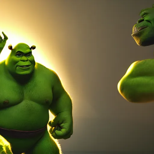 Image similar to shrek and the hulk are best friends, wide shot, dramatic lighting, octane render, hyperrealistic, HD