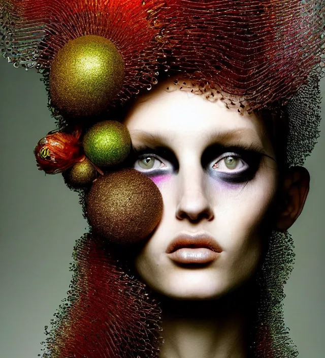 Prompt: photography face portrait of one female fashion model in rainforest, wearing a hat designed by iris van herpen, creative colorfull - makeup, curly hair style half long, photography by paolo roversi nick knight, helmut newton, avedon, and araki, natural pose, highly detailed