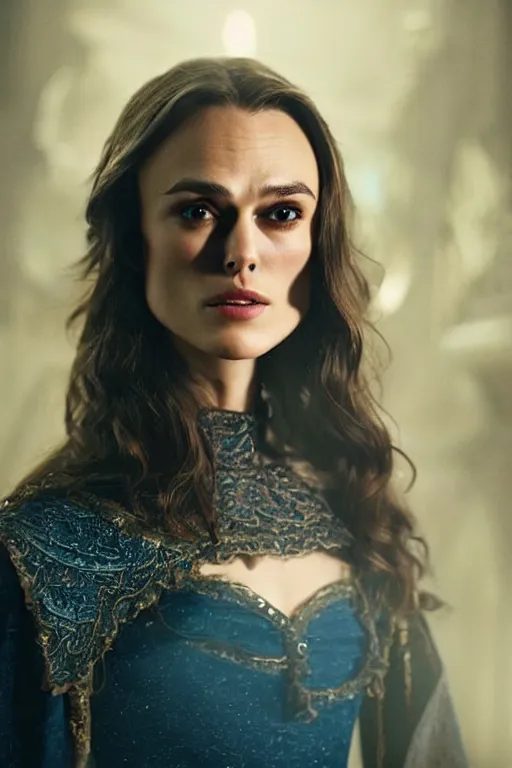 Prompt: a portrait of beautiful keira knightley as rowena ravenclaw, night, cinematic lighting