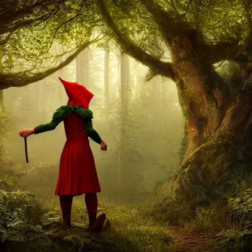 Prompt: portrait of a smirking heavily armed little red riding hood with a cute and beautiful face, getting attacked by a werewolf from behind in a lush green forest, sharp focus, unreal engine 5, digital illustration, volumetric light, highly detailed, intricate, by michael whelan, james gurney, 8 k