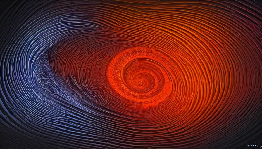 Prompt: spiral fractal black orange by artstation, deviantart, artfol, artslant artbox, cgsociety, gfxartist, artful, zatista, artpal, instagram, blendernation, frank stella, beeple, giger, kopera, zawadzki, synth - wave, hyperrealism, futurism 4 k, octane render