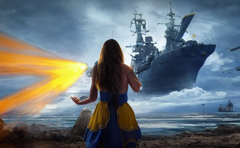 Prompt: view from behind of a girl in national clothes with blue and yellow stripes in her beautiful hair and a huge realistic rocket launger on her shoulder standing against and facing a huge realistic detailed Russian warship on the horizon, and she is ready to fight, left side is clear, concept art, сinematic lighting, insanely detailed, smooth, sharp focus, Artstation, 8k, unreal engine, hyper realistic, steampunk style, bright background, moonlight, volumetric lighting, digital illustration by Ruan Jia and Mandy Jurgens and Artgerm and Wayne Barlowe and Greg Rutkowski and Zdislav Beksinski