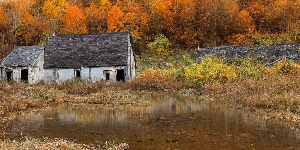 Prompt: abandoned village, autumn, flood, very detailed