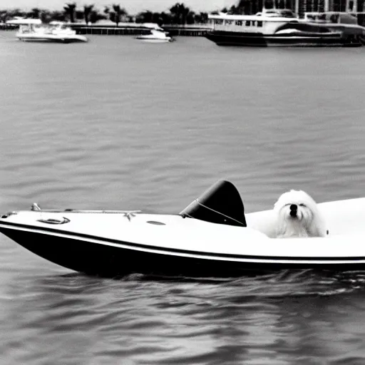 Prompt: maltese dog driving a speed boat in miami harbor, 1 9 8 0's aesthetic