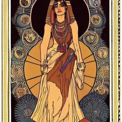 Image similar to a portrait of Penelope Cruz as a egyptian queen by Mucha.