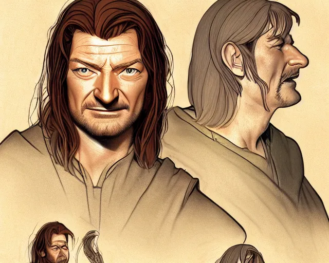 Prompt: portrait of boromir in lord of the rings, natural lighting, path traced, highly detailed, high quality, cartoon, digital painting, by don bluth and ross tran and studio ghibli and alphonse mucha