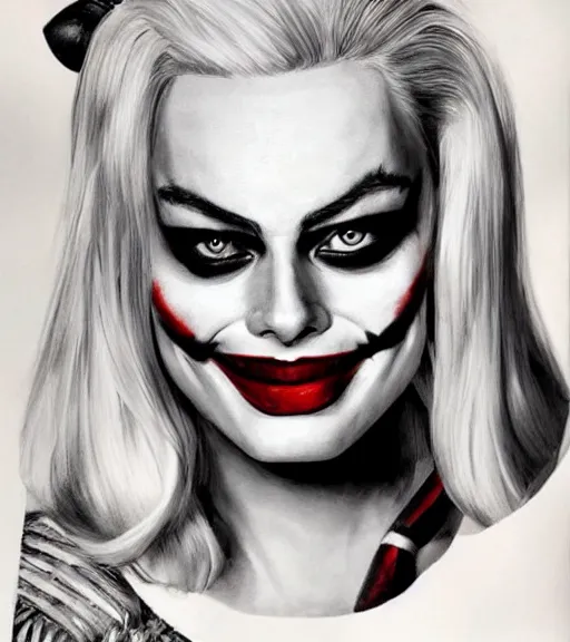 Image similar to a realism drawing of margot robbie as harley quinn with joker makeup, in the style of den yakovlev, realistic face, black and white, realism, hyper realistic, highly detailed