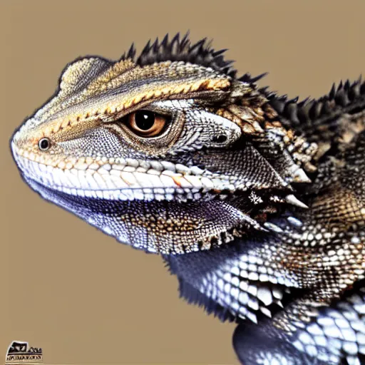 Image similar to bearded dragon on the back of a siberian husky, photorealistic