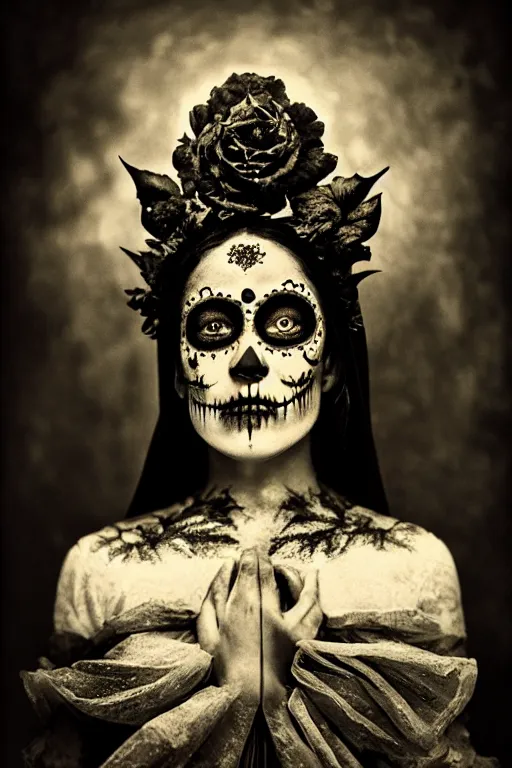 Image similar to photogravure, tintype virgin mary in dia de muertos dress and make up, horrific beautiful vibe, evocative, atmospheric lighting, painted, intricate, highly detailed, leesha hannigan, wayne haag, reyna rochin, ignacio fernandez rios, mark ryden, iris van herpen, stunning, gorgeous, sharp focus, cinematic, masterpiece