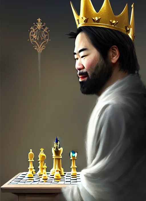 Image similar to gm hikaru nakamura dressed as a king, with a chess piece as a crown, artstation, extremely detailed artgerm, greg rutkowski