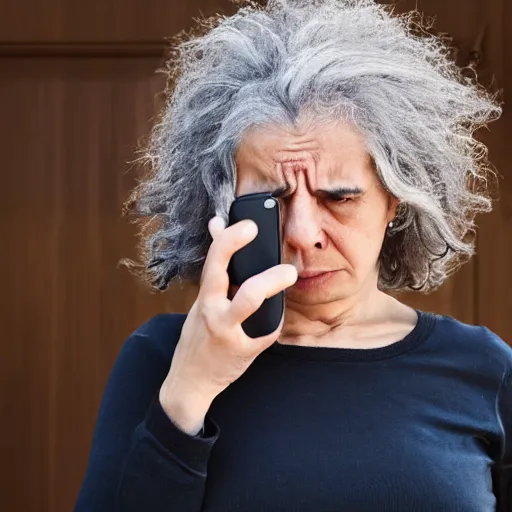 Prompt: astonished and angry middle aged lady looking at smartphone, wild hair, greek ethnicity, straight grey hair, angry eyes, photo, realistic, outdoor lighting, 4 k, 8 k, hd, 3 9 mm lens