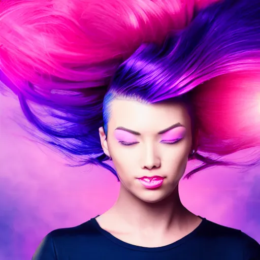 Image similar to a award winning action upper body portrait of a beautiful woman with a ombre purple pink hairstyle with head in motion and hair flying, outrun, vaporware, vivid colors, highly detailed, fine detail, intricate