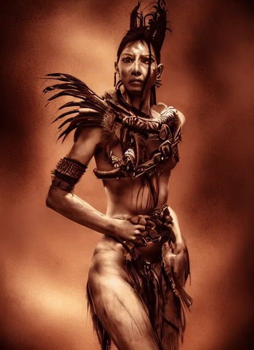 Prompt: movie frame with native tribal girl fighting , action, monster hunter, dark fantasy and fashion, beautiful body, clean brutal blooded face, brutal make up, epic,dramatic lighting, cinematic, establishing shot, extremely high detail, photorealistic, brutal, provocative , cinematic lighting, artstation, octane render, dark fantasy, inspired by Boris vallejo, sepia, old photography, documentary photography, national geographic photography