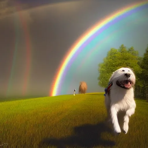 Image similar to a singular beautiful smiling dog running happily towards its owner, ethereal heavenly rainbow bridge in the background behind the dog, tall golden heavenly gates, amazing, stunning artwork, featured on artstation, cgosciety, behance