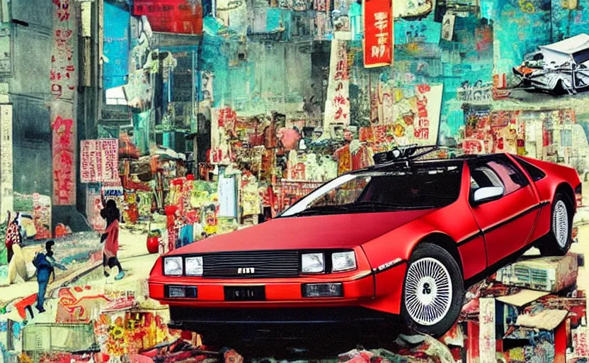 Image similar to a red delorean in ajegunle slum of lagos - nigeria, painting by hsiao - ron cheng, utagawa kunisada & salvador dali, magazine collage style,