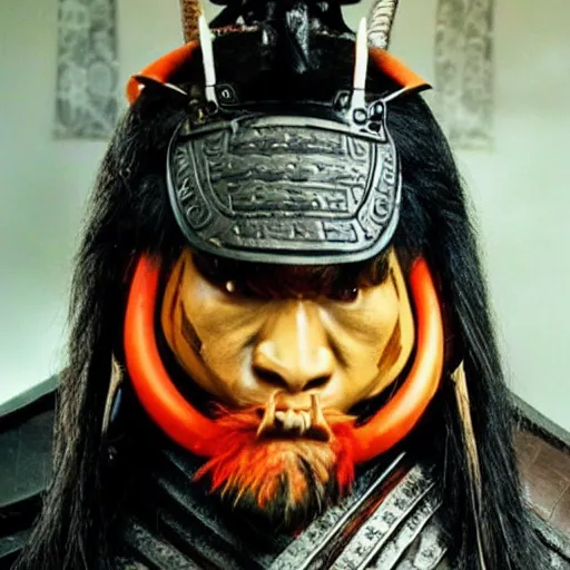 Image similar to big buff strong very buff samurai wearing an oni mask, movie still