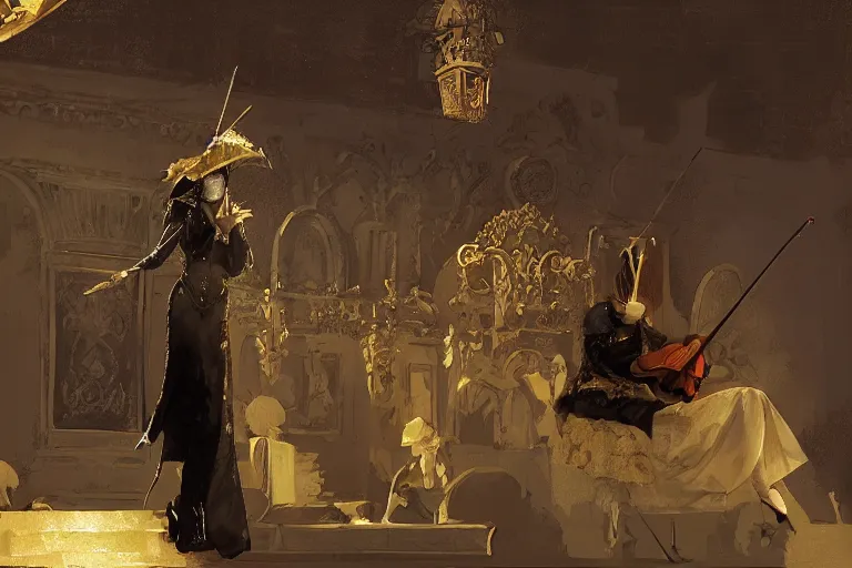 Image similar to craig mullins and ghibli digital art of on the stage of the theater, a masked female violinist performs alone, dressed in exotic costumes, gold jewelry, and black hair realistic shading, cinematic composition, realistic render, octane render, detailed textures, photorealistic, wide shot