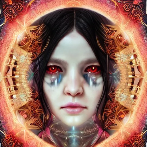 Image similar to symmetrical portrait of a beautiful dead princess female 4K symmetrical portrait, magical,fantasy , final fantasy, whole body, hyperrealism, cyberpunk, concept art, realistic, highly detailed, Featured on Artstation, cgsociety, Behance, Tom Bagshaw, Ross Tran, Japan Taiwan ,Soft lighting, attractive, highly detailed. intricate details. trending on artbreeder | zdzislaw beksinski. dariusz zawadzki. Michael Hutter. Peter Mohrbacher. Alfons Mucha. artstation