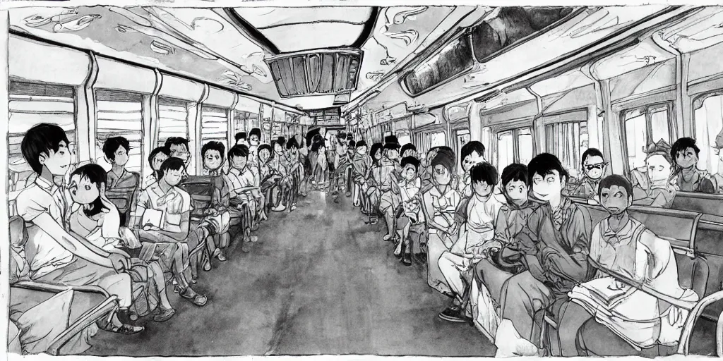 Image similar to inside sri lankan bus, drawn by hayao miyazaki, rule of thirds composition