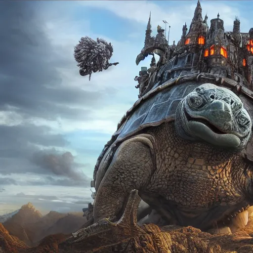 Image similar to large fantasy castle rising from the top of a giant tortoise, towering over a harsh barren wasteland, howls moving castle, mortal engines, kaiju, distant shot angled slightly up, fantasy, hyper detailed, 4 k