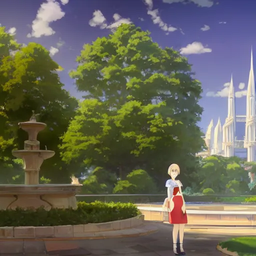 Image similar to a beautiful full body portrait of a young woman wearing a white apron standing in front of a fountain in a park, makoto shinkai, james gilleard, very detailed, matte, gaussian blur, tone mapped William-Adolphe