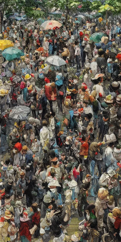 Image similar to oil painting scene crowd from blooming garden by kim jung gi