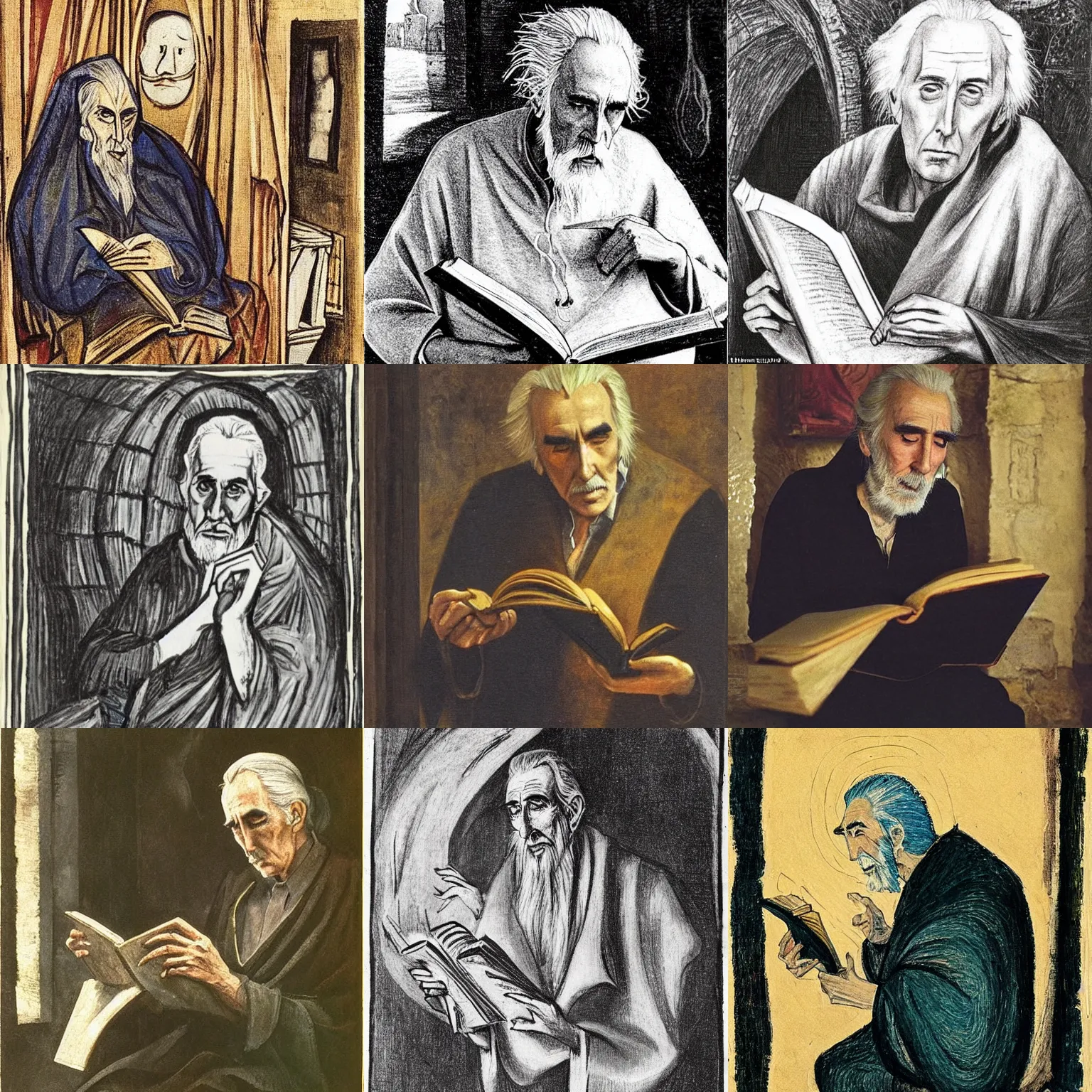 Prompt: a 1 3 th century, enigmatic, melancholic, fae wizard ( look like ( ( eighty years old christopher lee ) ), is ( ( reading an old book ) ). light dust, magnificent, hyperdetailed, theatrical, painted by picasso