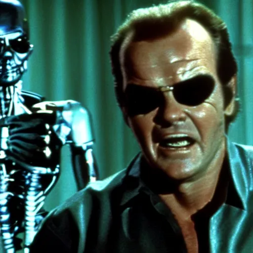 Image similar to Jack Nicholson plays Terminator, scene where his endoskeleton is exposed