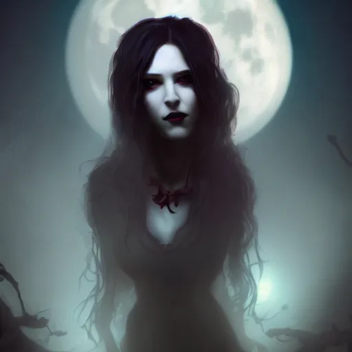 Image similar to Riveting Charismatic female vampire Pandora, portrait, atmospheric lighting, painted, intricate, Highgate cemetery, volumetric lighting, beautiful, moon light, sharp focus, ultra detailed, by Leesha Hannigan, Ross Tran, Thierry Doizon, Kai Carpenter, Ignacio Fernández Ríos