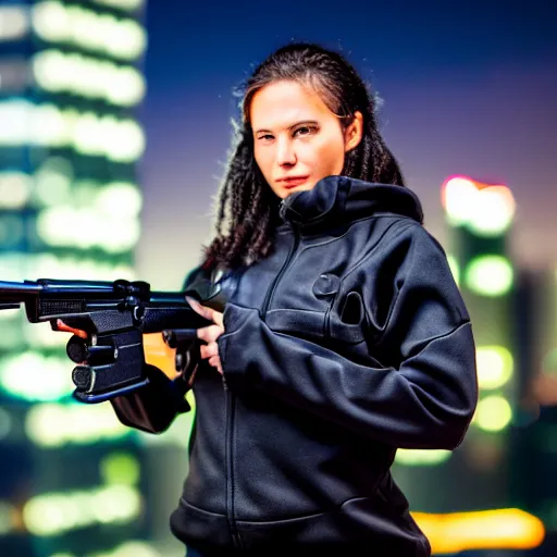 Image similar to photographic portrait of a techwear woman holding a shotgun, closeup, on the rooftop of a futuristic city at night, sigma 85mm f/1.4, 4k, depth of field, high resolution, 4k, 8k, hd, full color