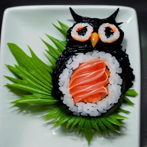 Prompt: an owl made of sushi,photorealistic