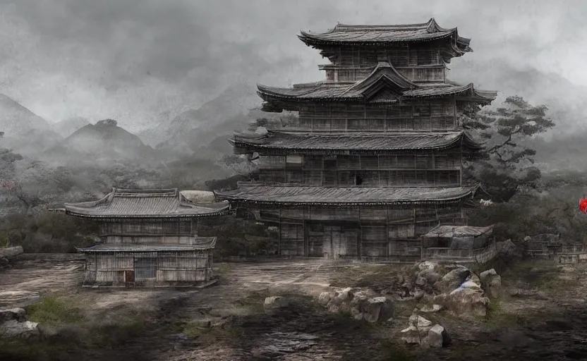 Image similar to detailed digital painting of old, ruined, japanese fort from sengoku period, overcast weather, environment concept art, photobash, overcast weather, unreal engine render, nanite