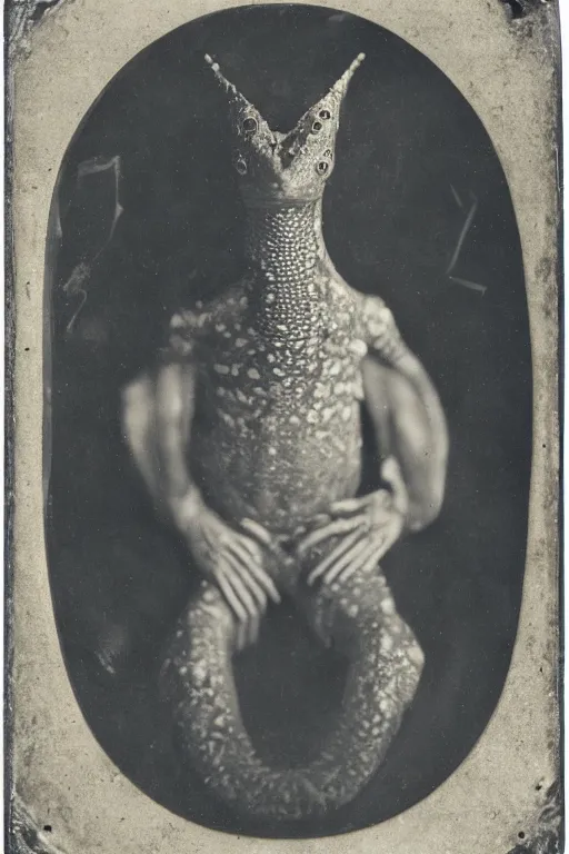 Image similar to a wet plate photo of an anthropomorphic salamander king